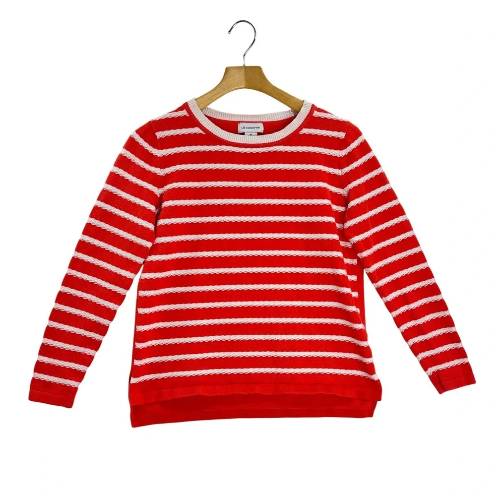 Liz Claiborne Women‎ Orange White Striped Cotton Sweater Pullover Size M